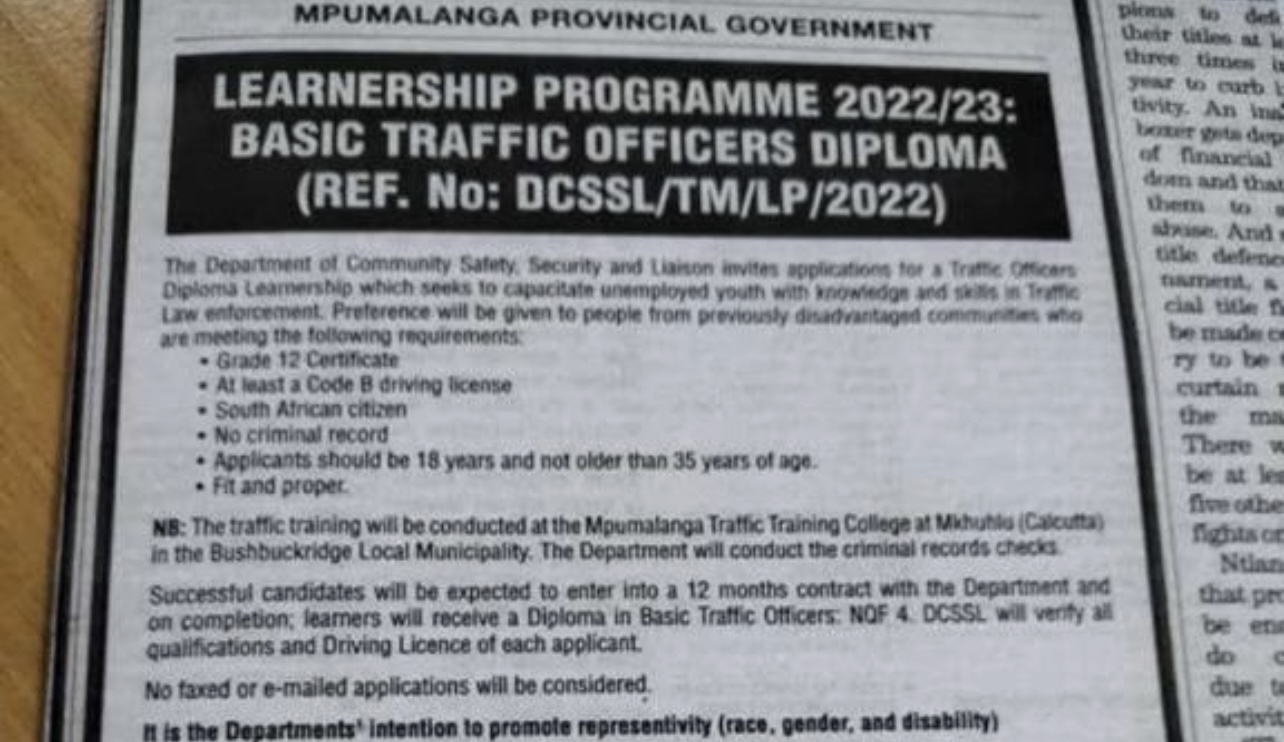 LEARNERSHIP PROGRAMME 2022/23 BASIC TRAFFIC OFFICERS DIPLOMA